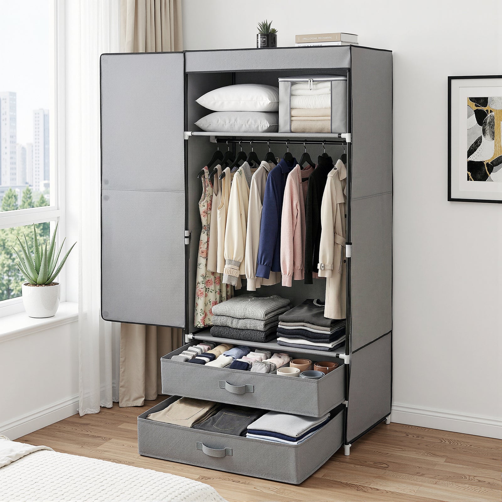 Portable Clothes Wardrobe | Large Closet with Magnetic Door | Grey