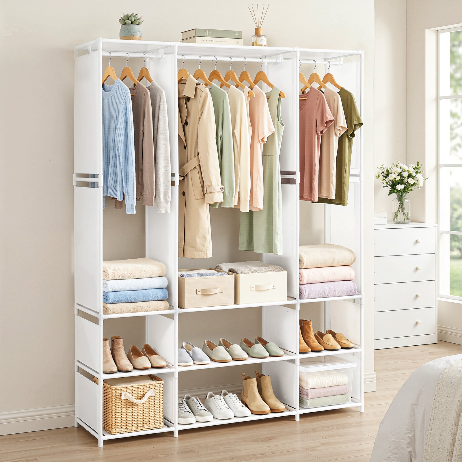 Portable Clothes Wardrobe | Large Closet with Open Shelf | White