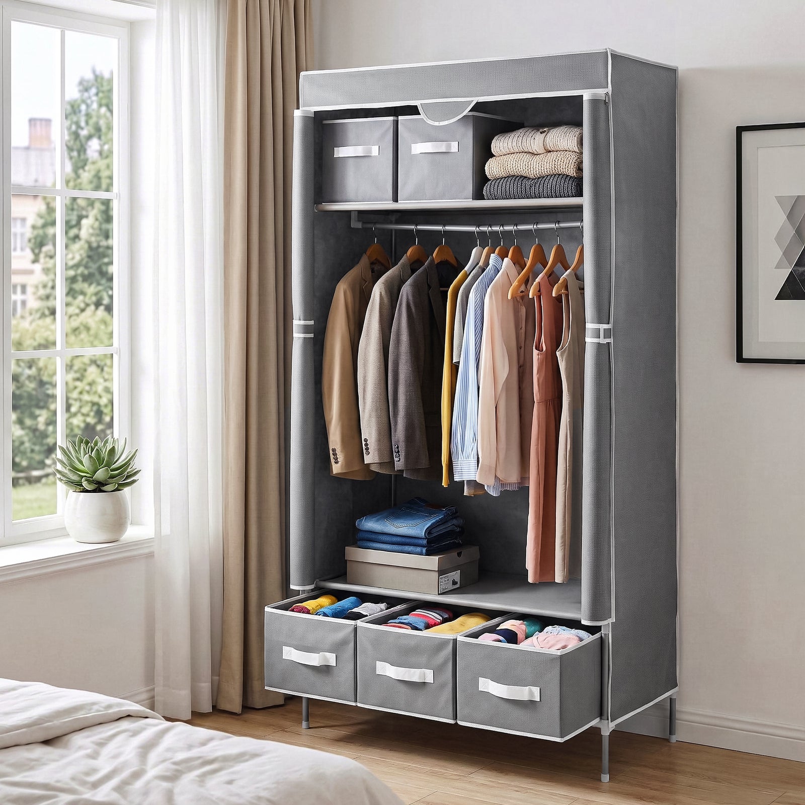 Portable Clothes Wardrobe | Large Closet with Tieback Doors | Grey