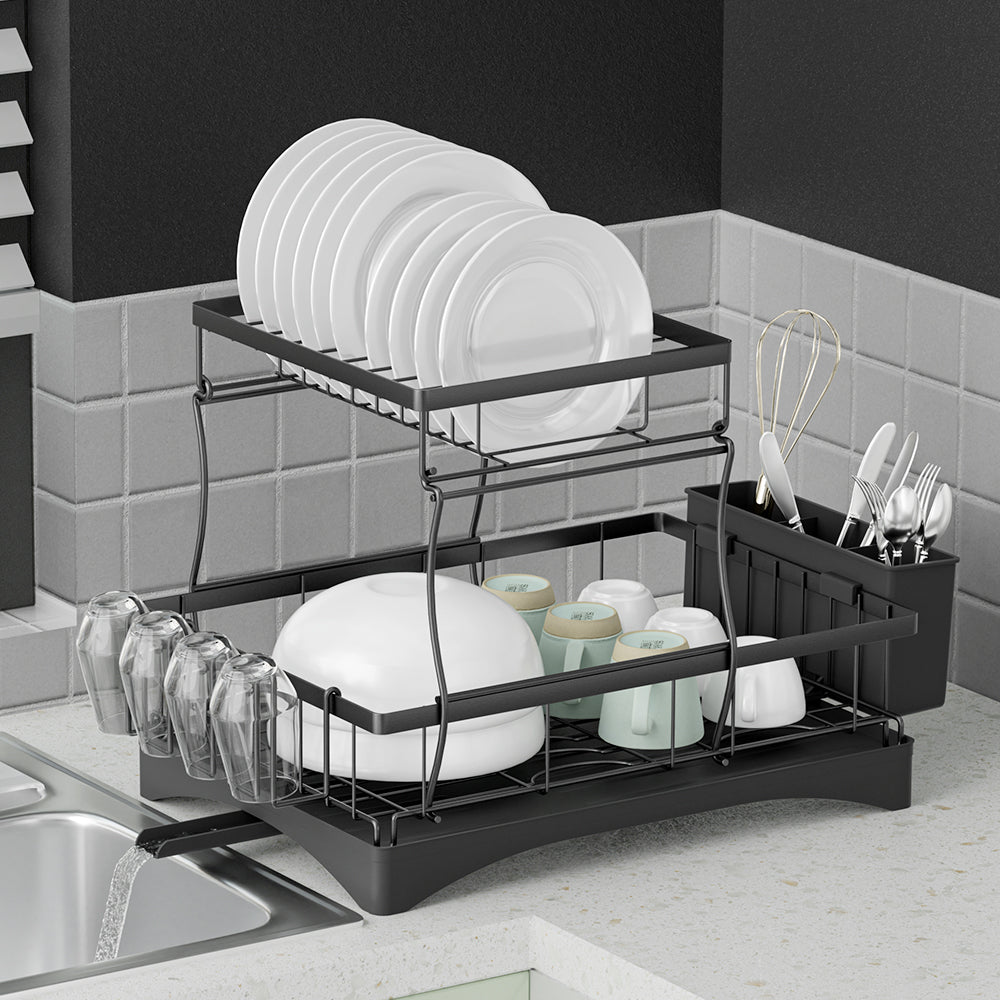 Cefito | Dish Rack | Expandable Drying Drainer | Cutlery Holder Tray | Kitchen | 2 Tiers