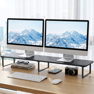 Dual Monitor Stand | 100cm Desk Riser | Laptop Stand + Desk Organiser | Black