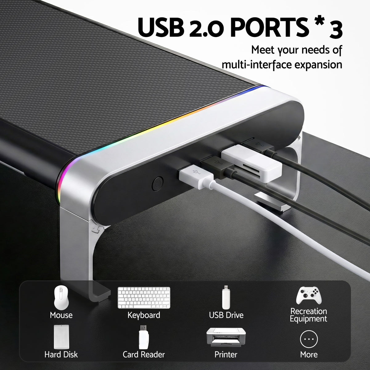 RGB Monitor Stand | USB Hub | Desk Organiser Charging Stand | Black