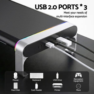 RGB Monitor Stand | USB Hub | Desk Organiser Charging Stand | Black