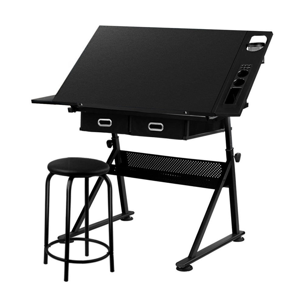 Drawing Desk & Stool Set | Adjustable Drafting Table | Tilt Angle with Drawers | Black