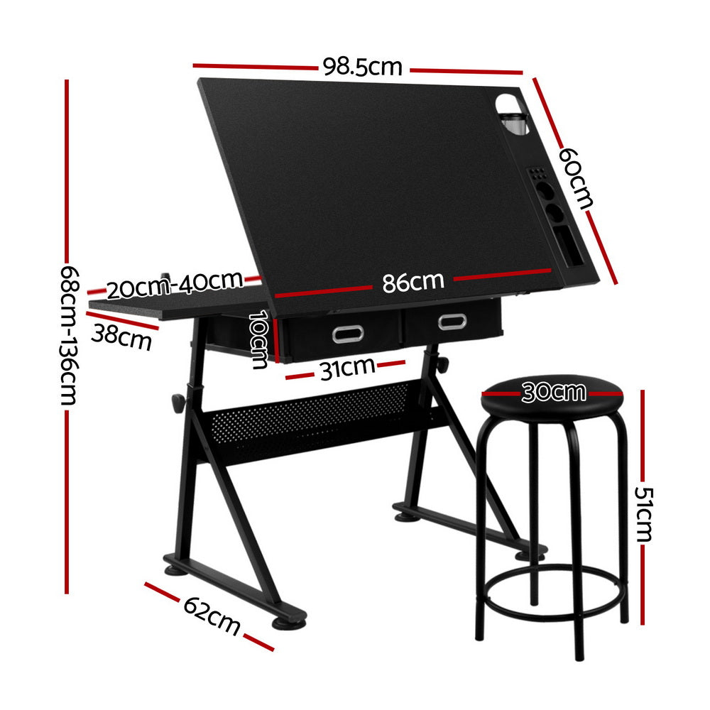 Drawing Desk & Stool Set | Adjustable Drafting Table | Tilt Angle with Drawers | Black