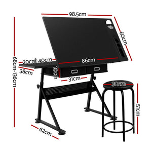 Drawing Desk & Stool Set | Adjustable Drafting Table | Tilt Angle with Drawers | Black