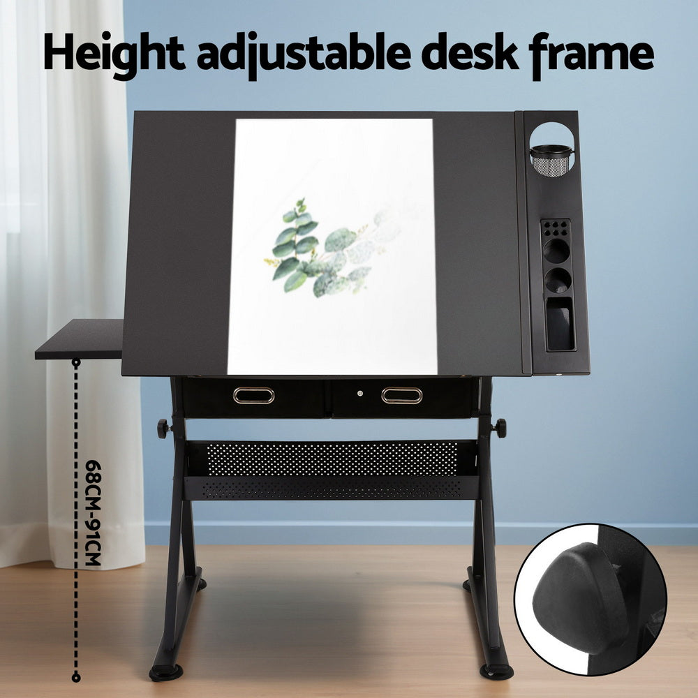Drawing Desk & Stool Set | Adjustable Drafting Table | Tilt Angle with Drawers | Black