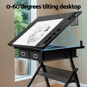 Drawing Desk & Stool Set | Adjustable Drafting Table | Tilt Angle with Drawers | Black