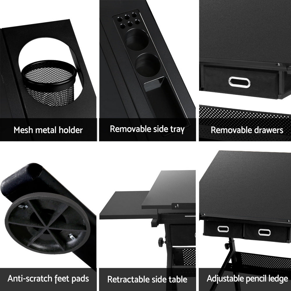 Drawing Desk & Stool Set | Adjustable Drafting Table | Tilt Angle with Drawers | Black