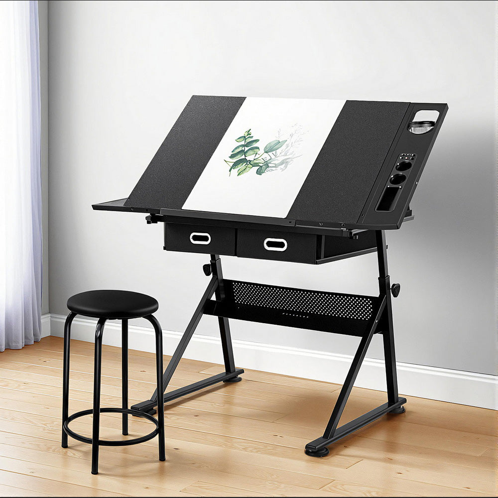 Drawing Desk & Stool Set | Adjustable Drafting Table | Tilt Angle with Drawers | Black