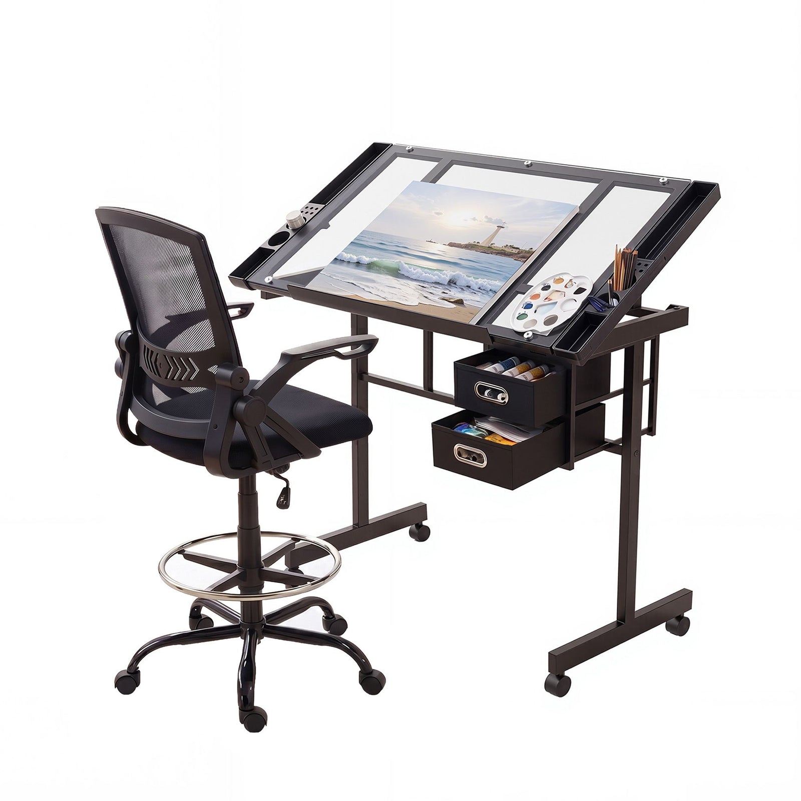 Drafting Table & Chair Set | Tempered Glass Drawing Desk with Storage Drawers