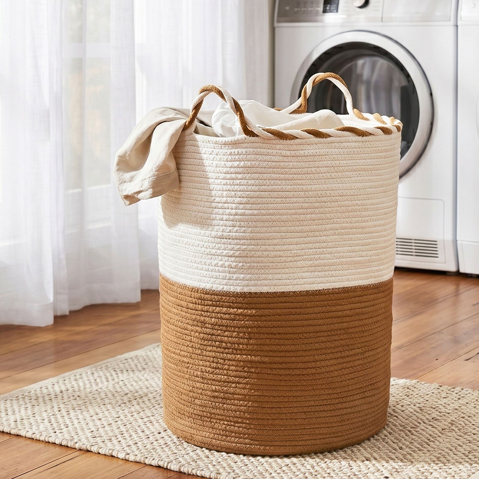 Woven Laundry Basket | Foldable Hamper with Handles | White & Brown