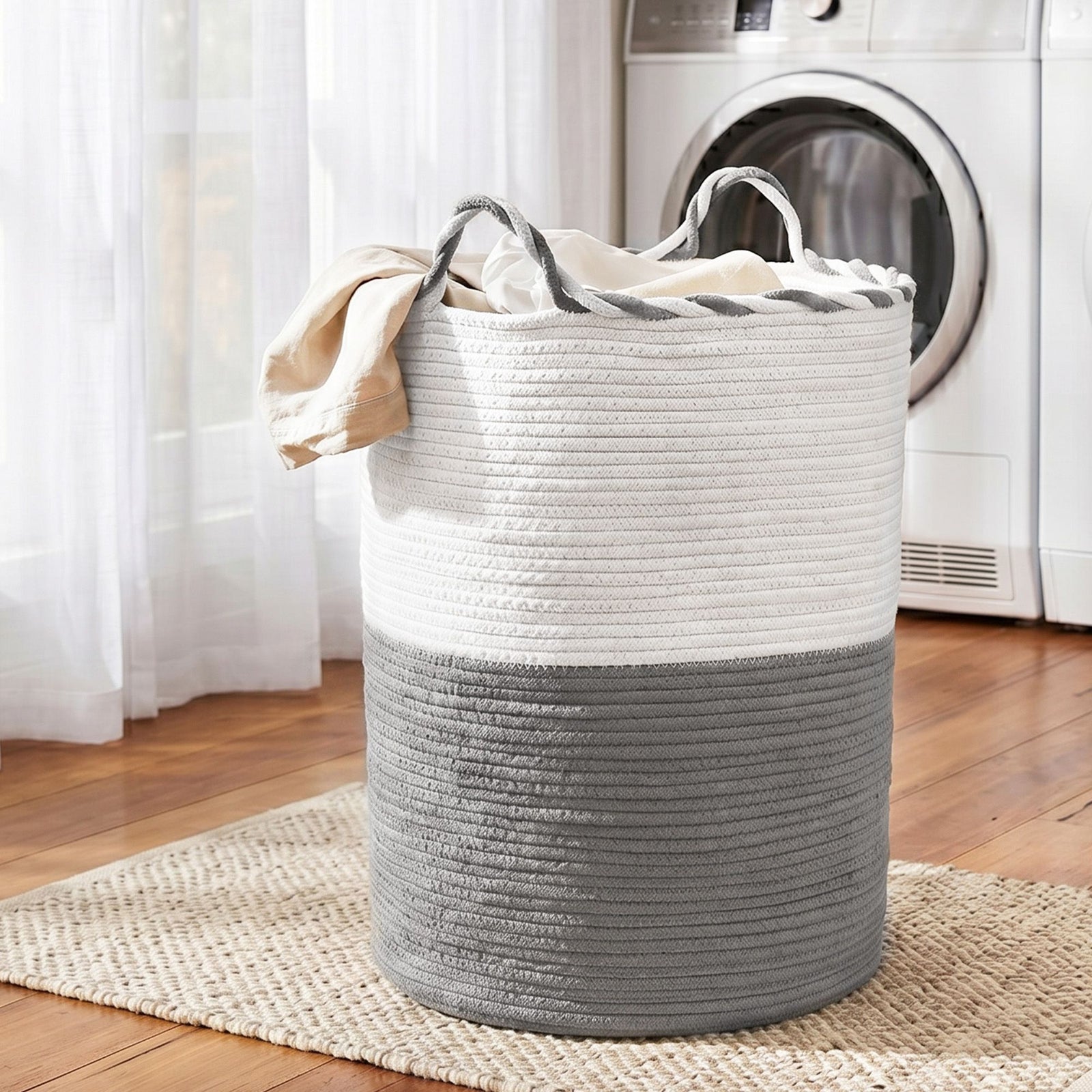 Woven Laundry Basket | Foldable Hamper with Handles | White & Grey