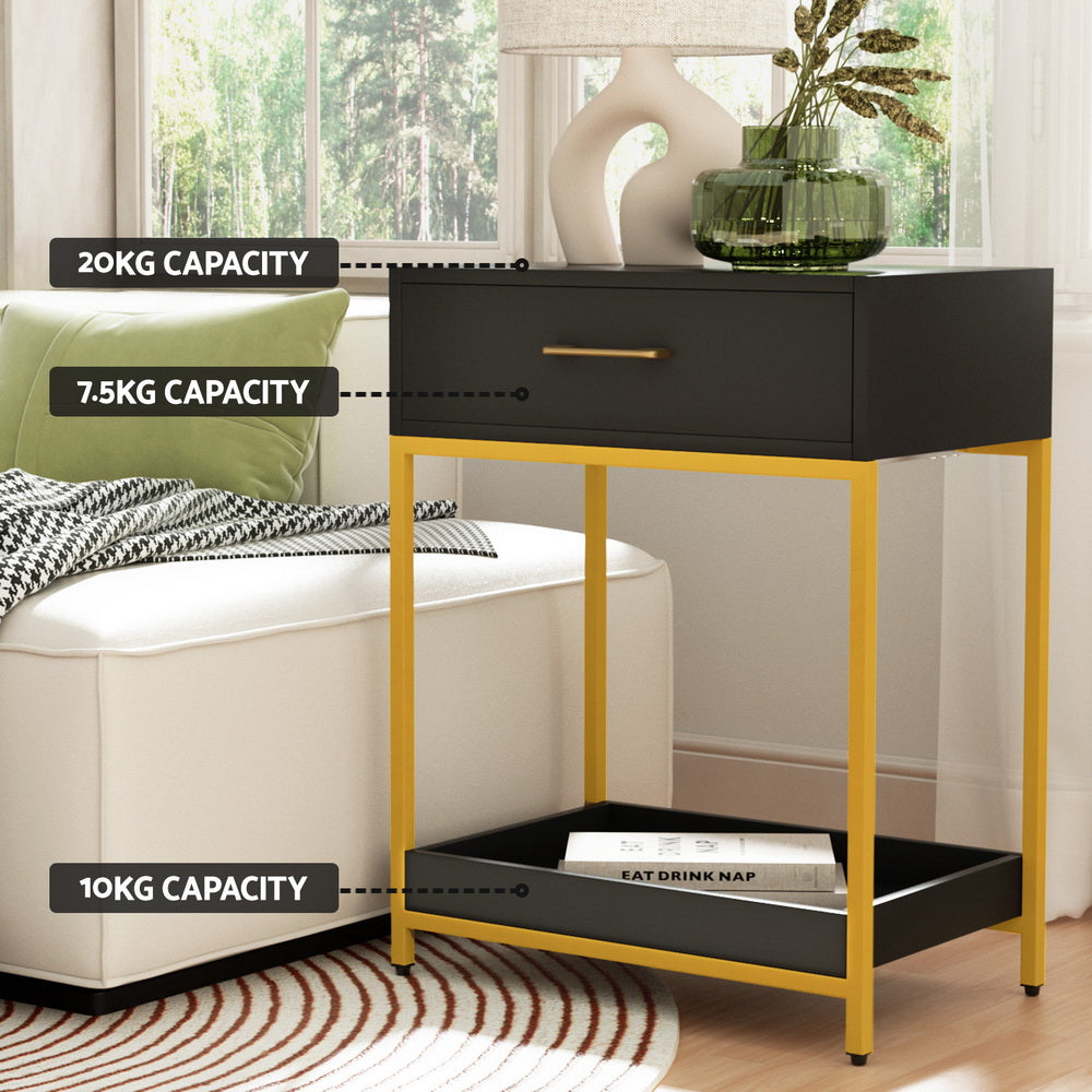 Bedside Table Drawers | Side Table Shelf | Storage Nightstand | Black | MASON