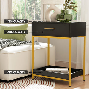 Bedside Table Drawers | Side Table Shelf | Storage Nightstand | Black | MASON