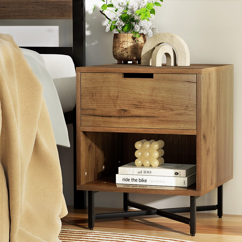 Bedside Table Drawers | Side Table Shelf | Storage Nightstand | Rust Oak | KRAVU