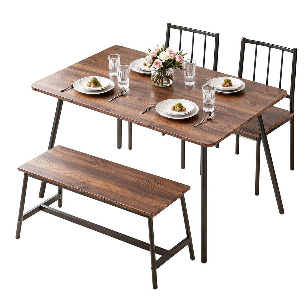 Dining Table & Bench Set 4pc | Rustic Brown Finish (Version B)