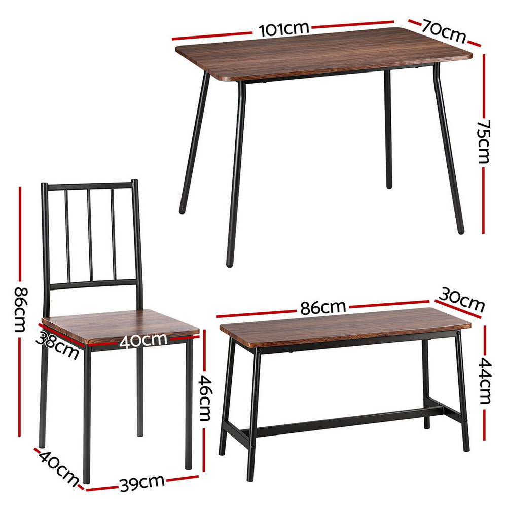 Dining Table & Bench Set 4pc | Rustic Brown Finish (Version B)