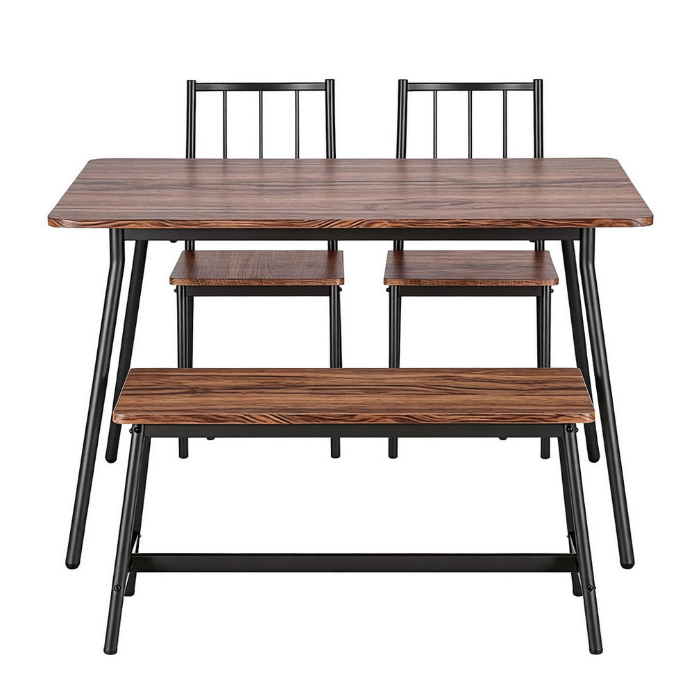Dining Table & Bench Set 4pc | Rustic Brown Finish (Version B)