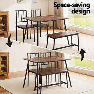 Dining Table & Bench Set 4pc | Rustic Brown Finish (Version B)