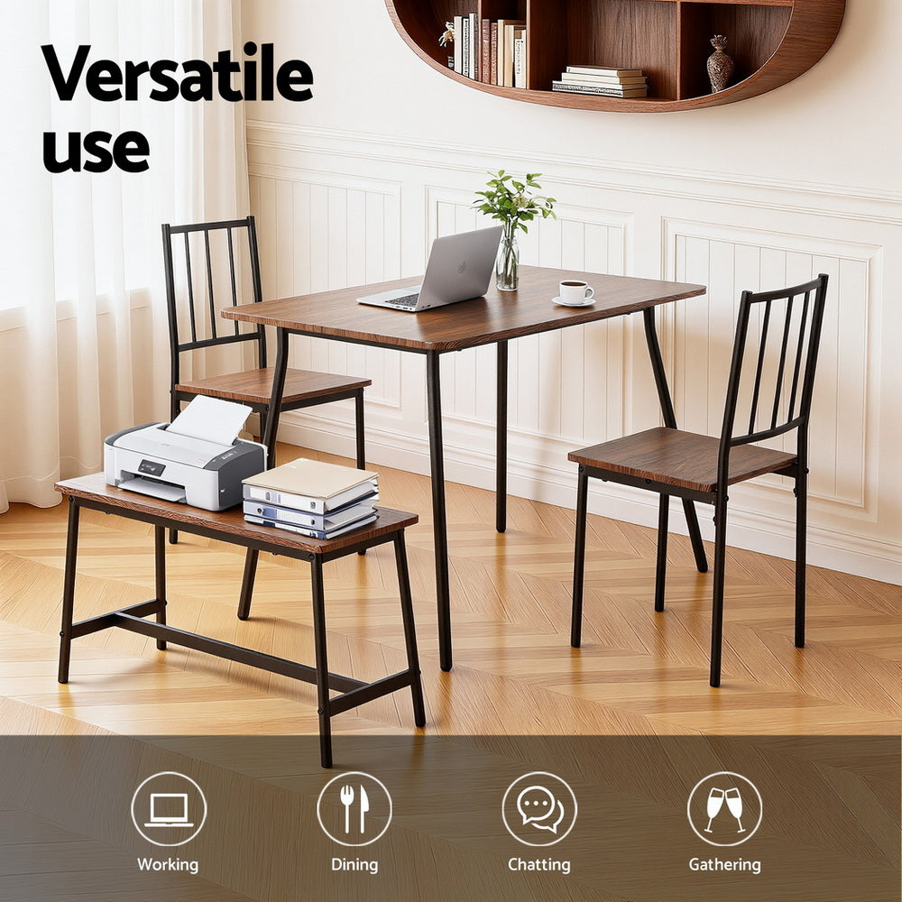 Dining Table & Bench Set 4pc | Rustic Brown Finish (Version B)