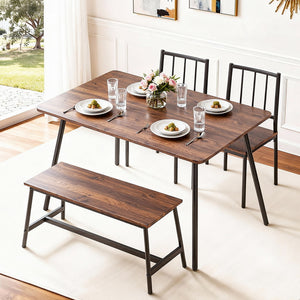 Dining Table & Bench Set 4pc | Rustic Brown Finish (Version B)