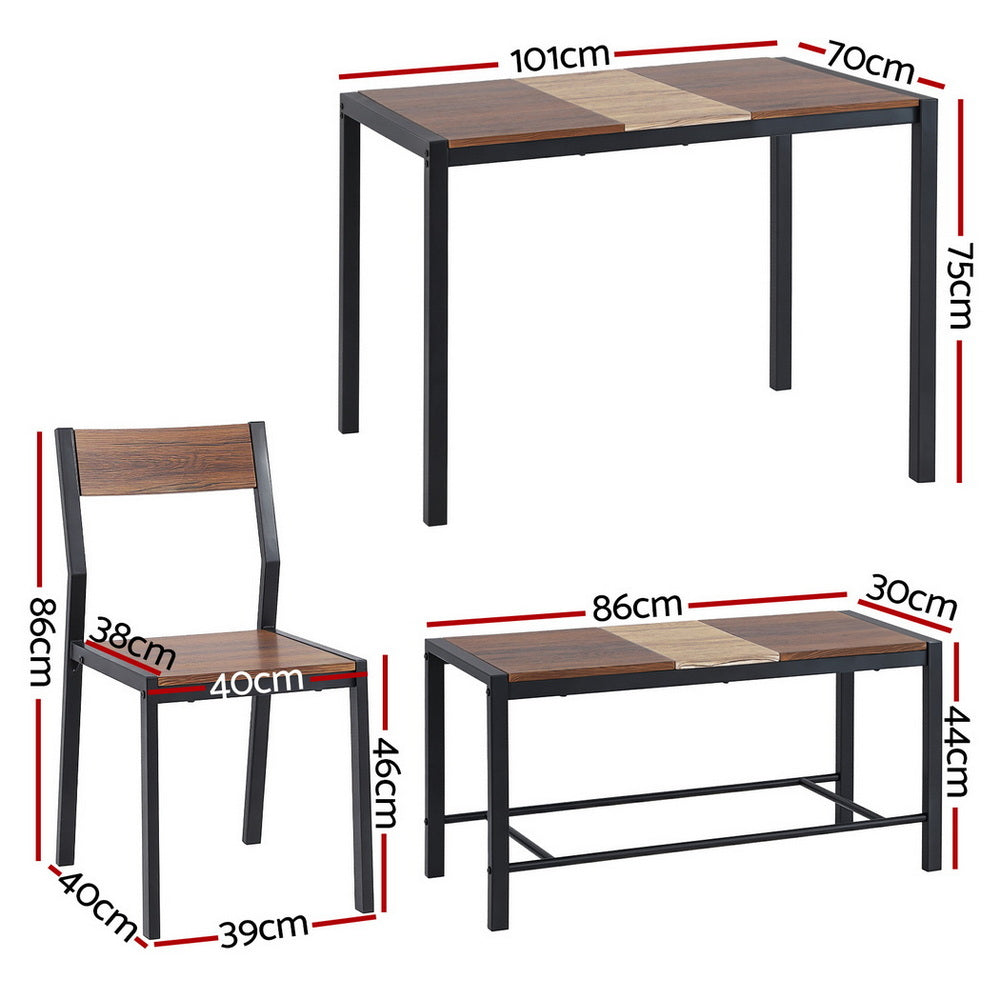 Kitchen Dining Set 4pc | Table + Bench Seats | Rustic Brown (Version A)