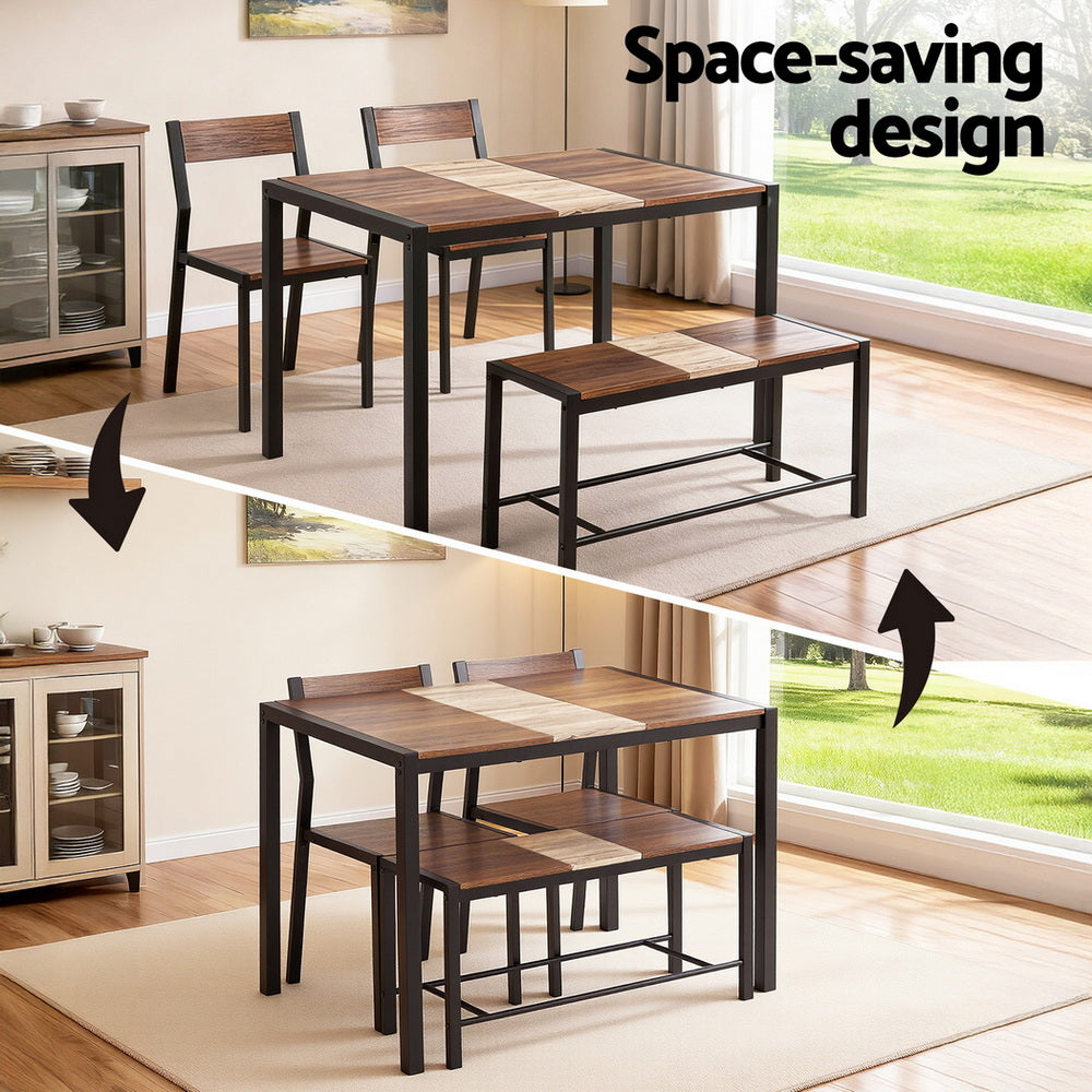 Kitchen Dining Set 4pc | Table + Bench Seats | Rustic Brown (Version A)