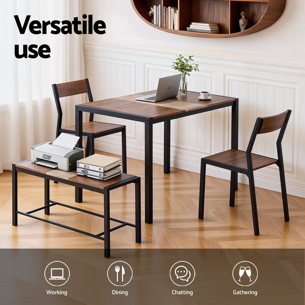 Kitchen Dining Set 4pc | Table + Bench Seats | Rustic Brown (Version A)