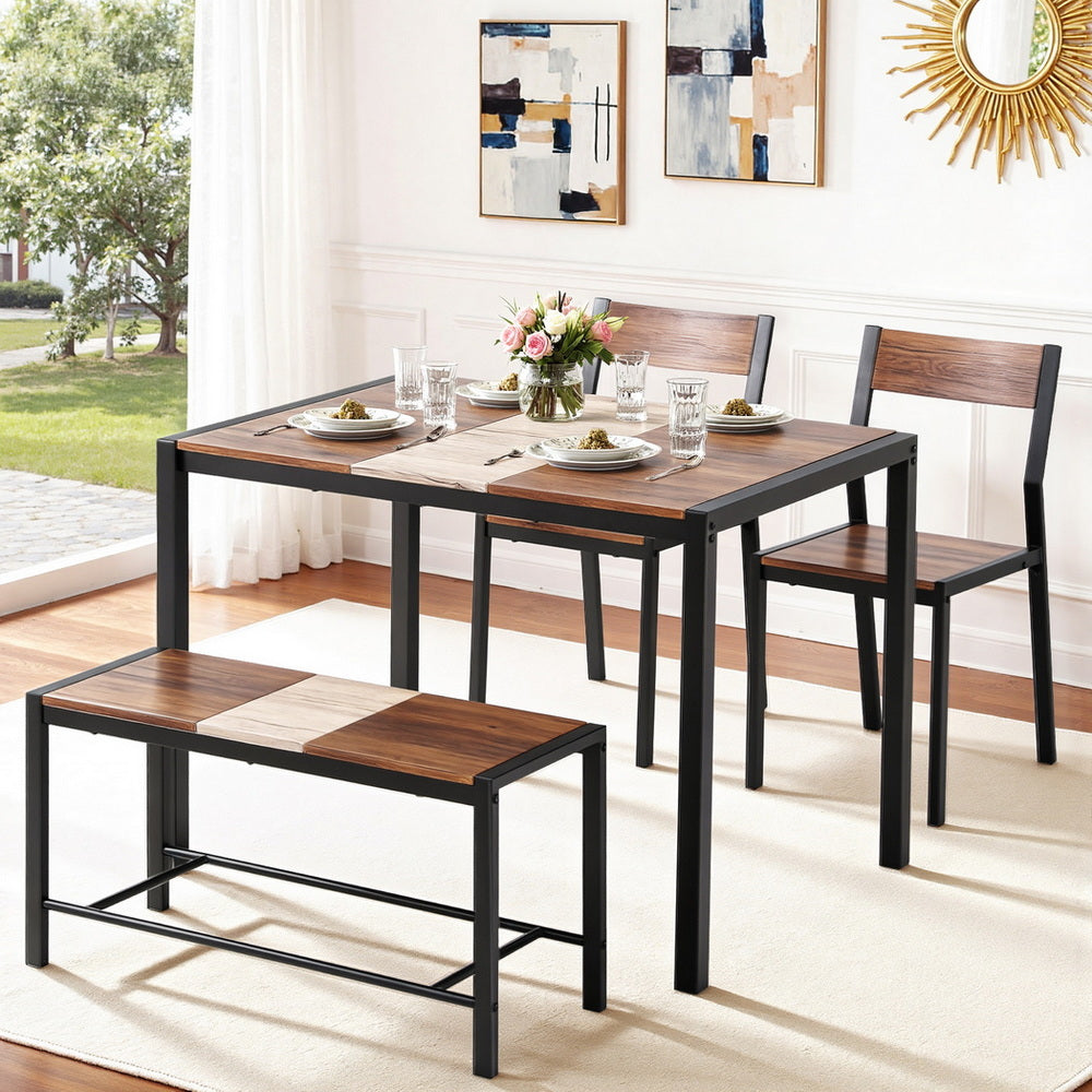 Kitchen Dining Set 4pc | Table + Bench Seats | Rustic Brown (Version A)