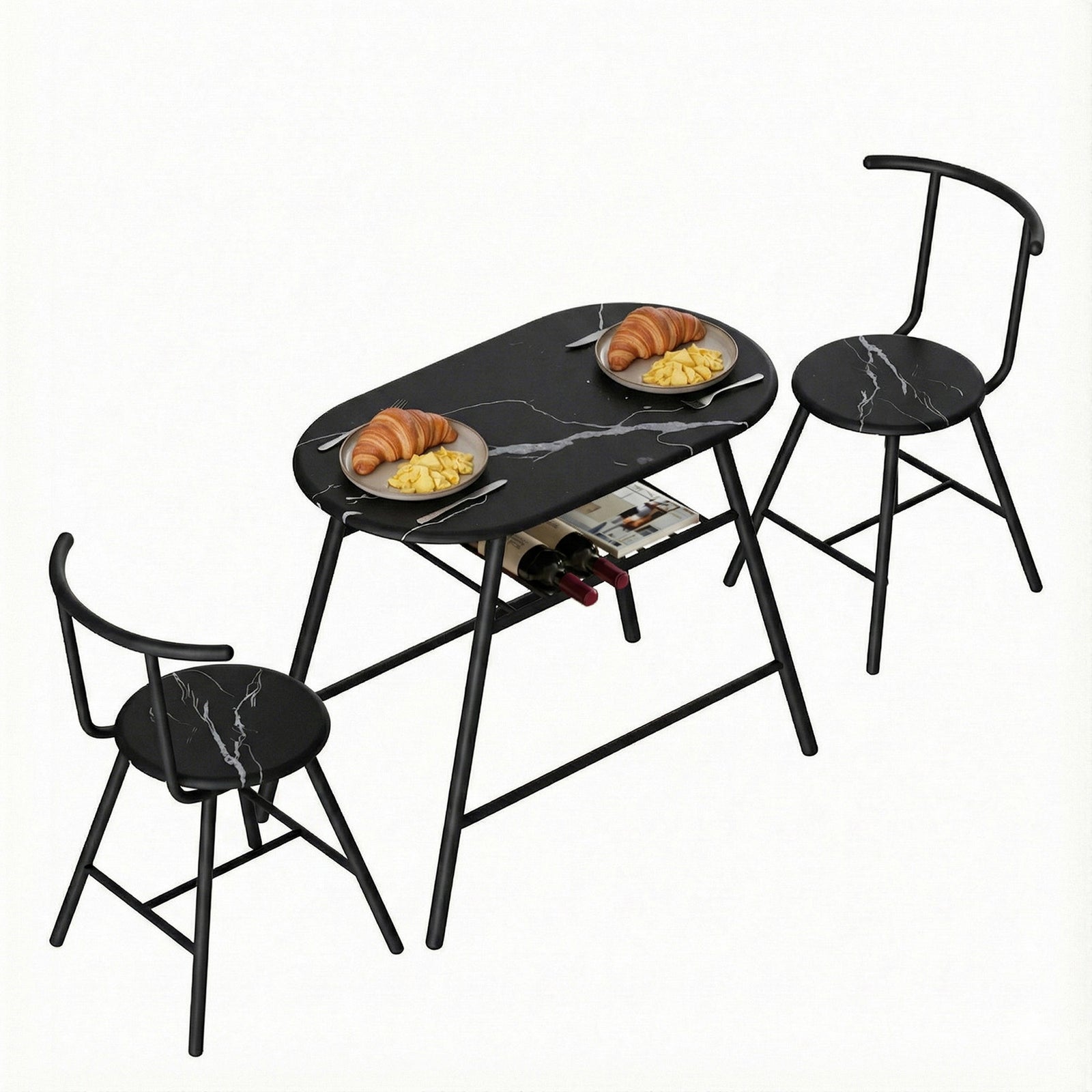 Bistro Dining Set 3pc | Storage Wine Rack | Black Marble Style