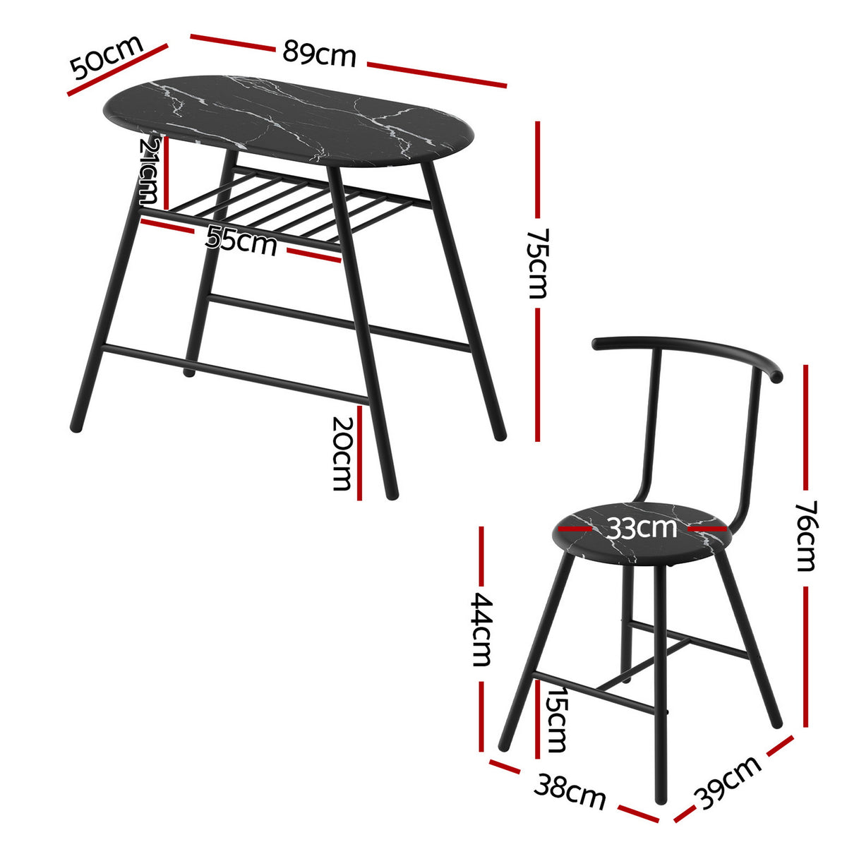 Bistro Dining Set 3pc | Storage Wine Rack | Black Marble Style