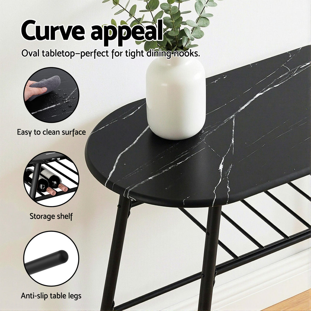Bistro Dining Set 3pc | Storage Wine Rack | Black Marble Style