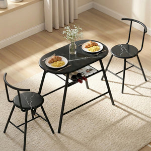 Bistro Dining Set 3pc | Storage Wine Rack | Black Marble Style