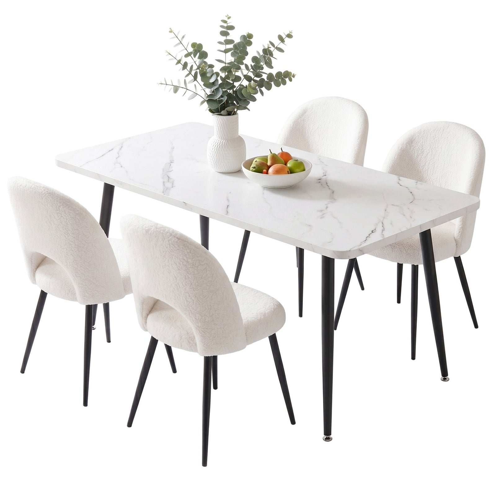 Dining Table & Chairs Set | 5 Piece | Marble Look Kitchen Set | White