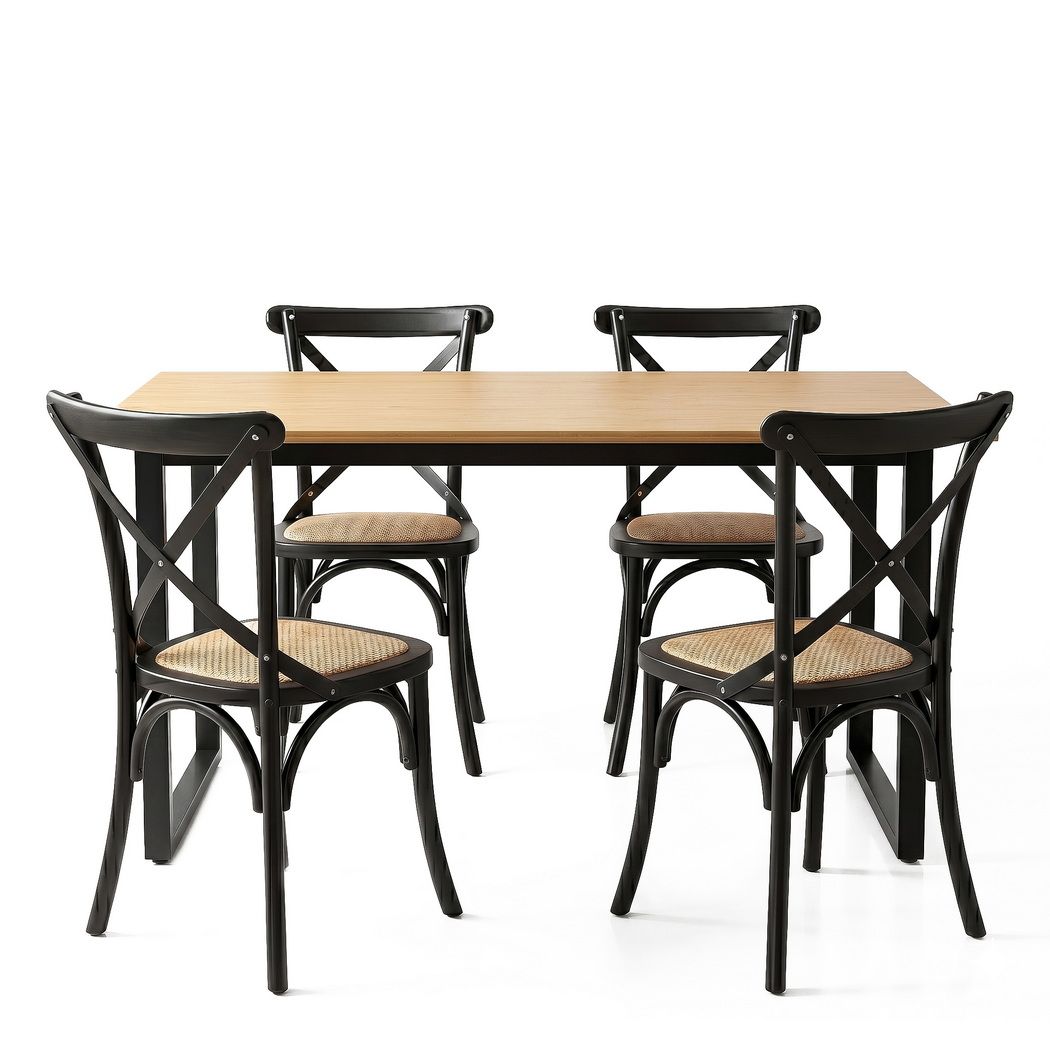 Dining Table & Chairs Set | 5 Piece | Industrial Table with Black Rattan Chairs