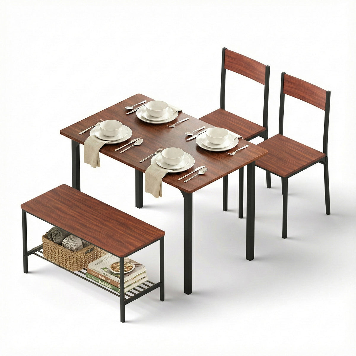 Dining Set 4pc | Table + Storage Bench | Walnut Finish