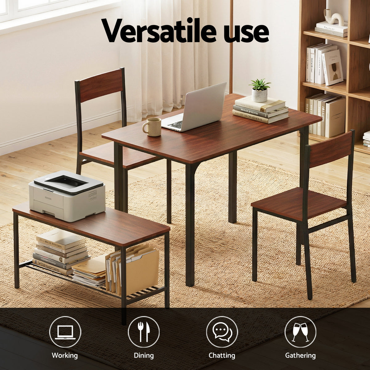Dining Set 4pc | Table + Storage Bench | Walnut Finish