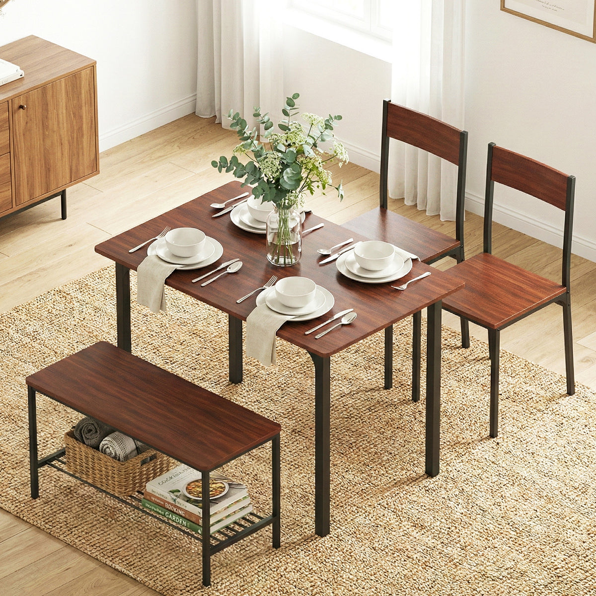 Dining Set 4pc | Table + Storage Bench | Walnut Finish