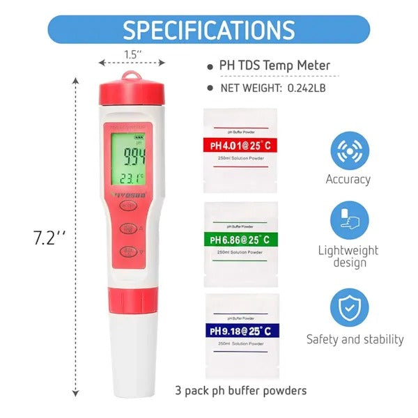 Digital 4-in-1 pH Water Quality Tester | Measures pH, TDS, EC & Temperature | High-Accuracy Pocket Meter for Hydroponics, Pools, Drinking Water & Gardening