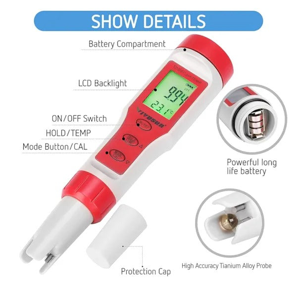Digital 4-in-1 pH Water Quality Tester | Measures pH, TDS, EC & Temperature | High-Accuracy Pocket Meter for Hydroponics, Pools, Drinking Water & Gardening