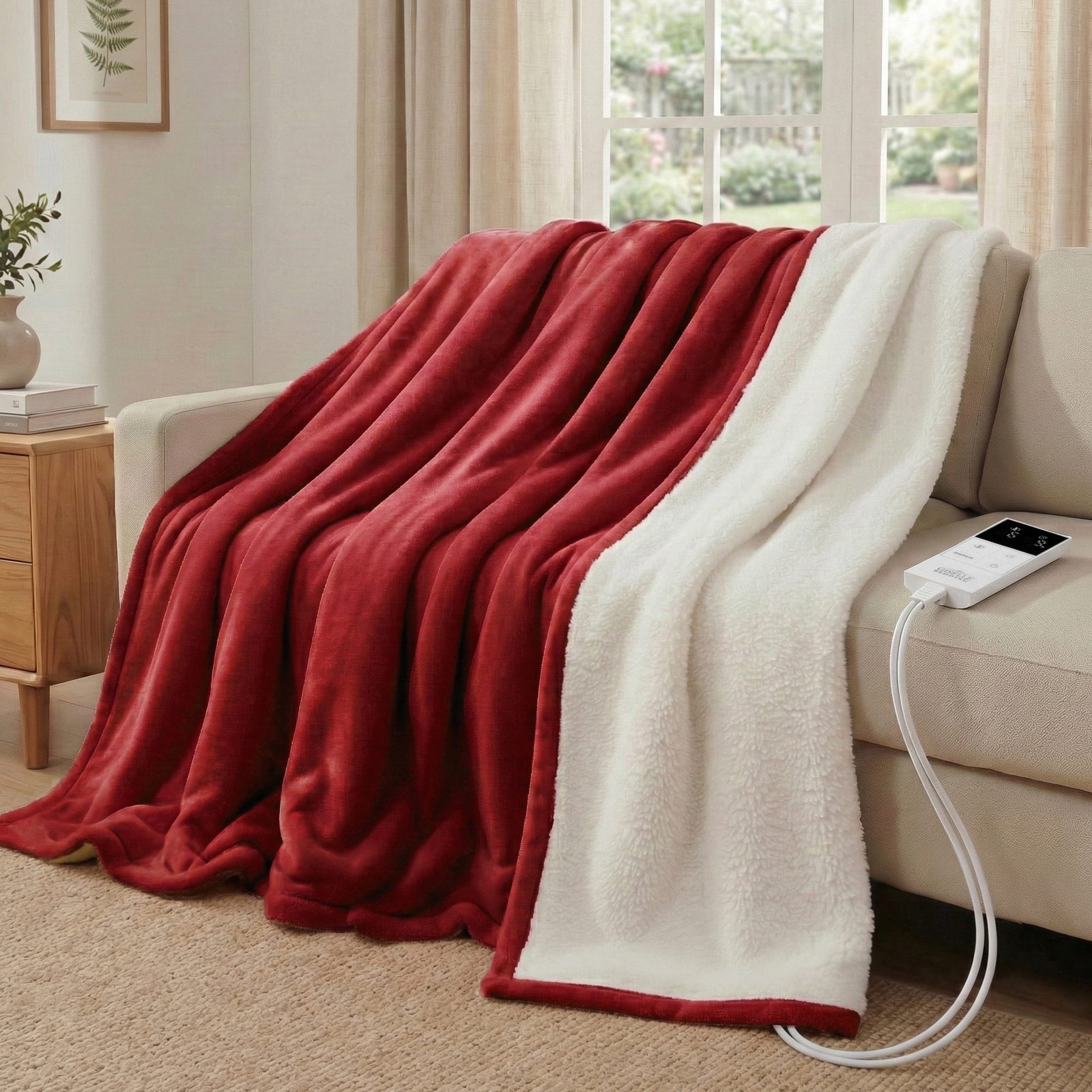 Electric Throw Rug | Double Size Fleece Heated Blanket | Burgundy