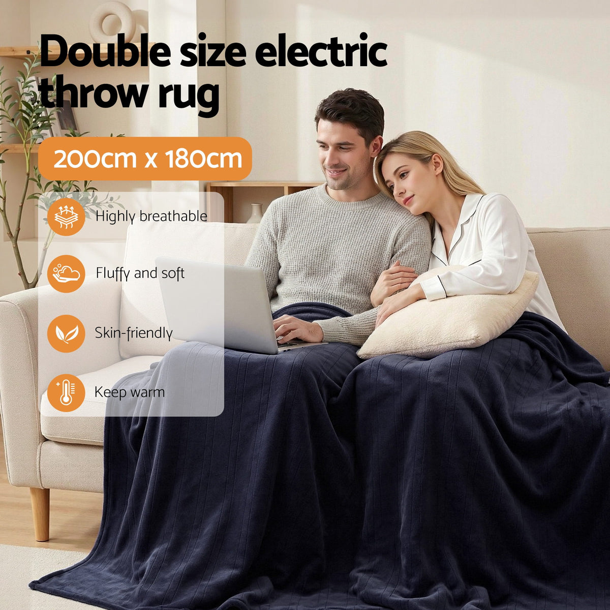 Electric Heated Throw Rug | Double 200x180cm | Coral Fleece | Charcoal
