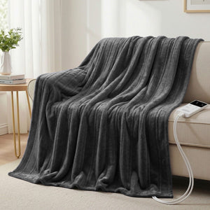 Electric Heated Throw Rug | Double 200x180cm | Coral Fleece | Grey