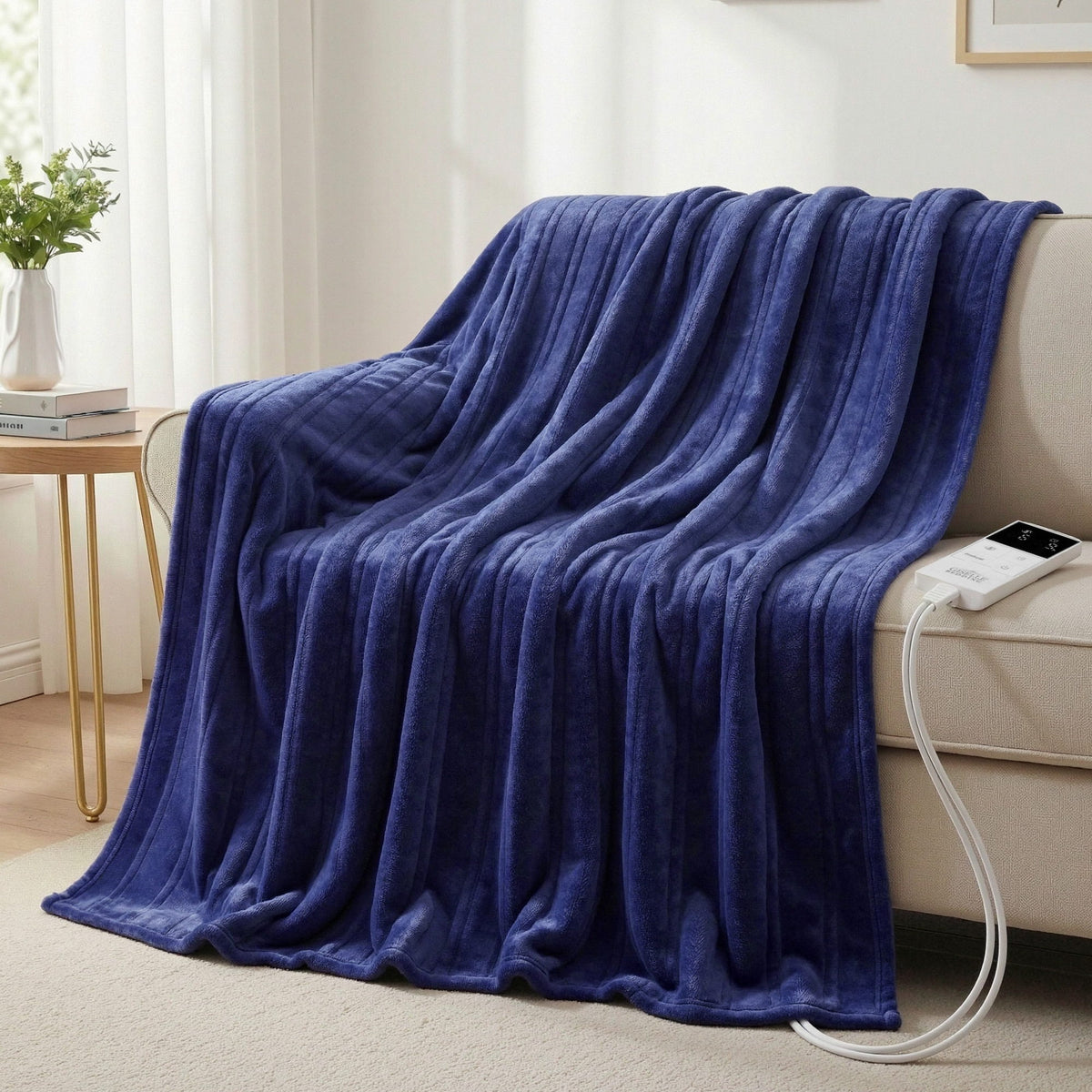 Electric Heated Throw Rug | Double 200x180cm | Coral Fleece | Navy