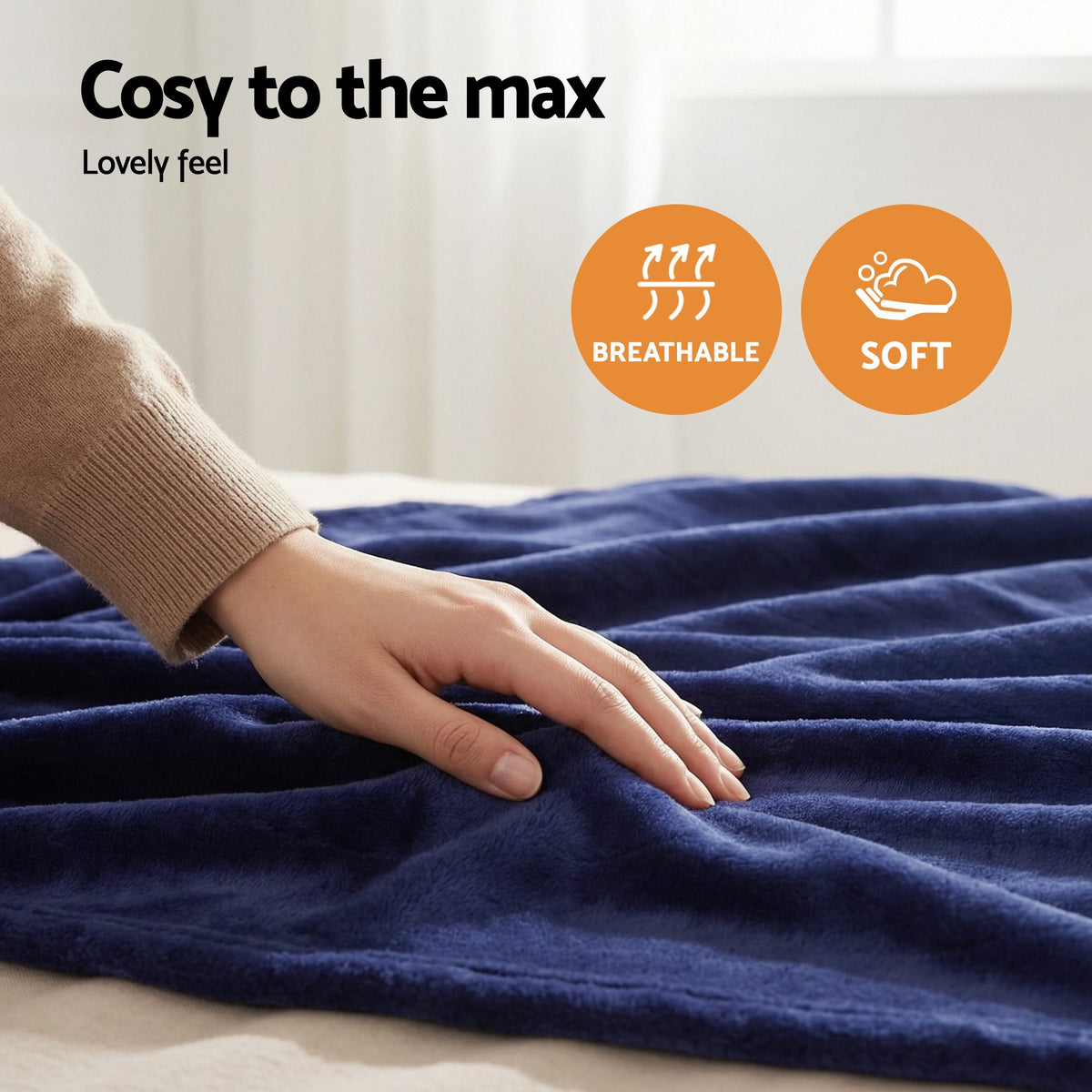 Electric Heated Throw Rug | Double 200x180cm | Coral Fleece | Navy