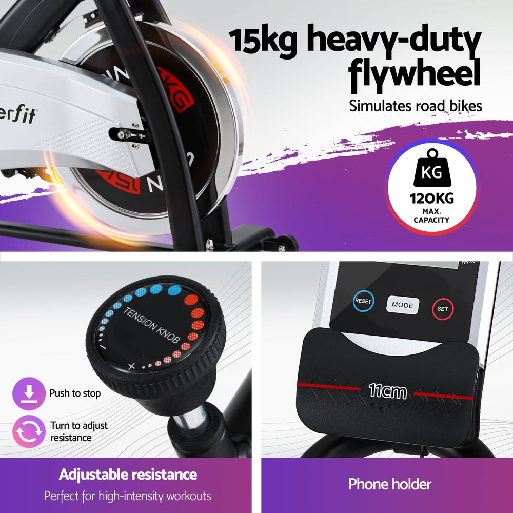15kg Flywheel Spin Bike | Everfit Exercise Bike | Home Gym Fitness | 120KG Capacity