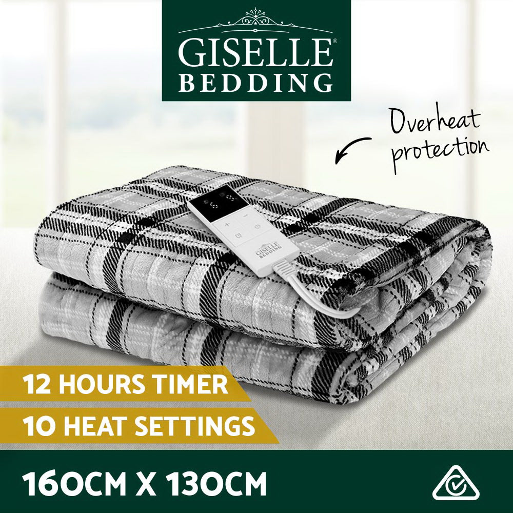 Bedding | Electric Throw Rug | Flannel Snuggle Blanket | Washable | Heated | Grey and White Checkered