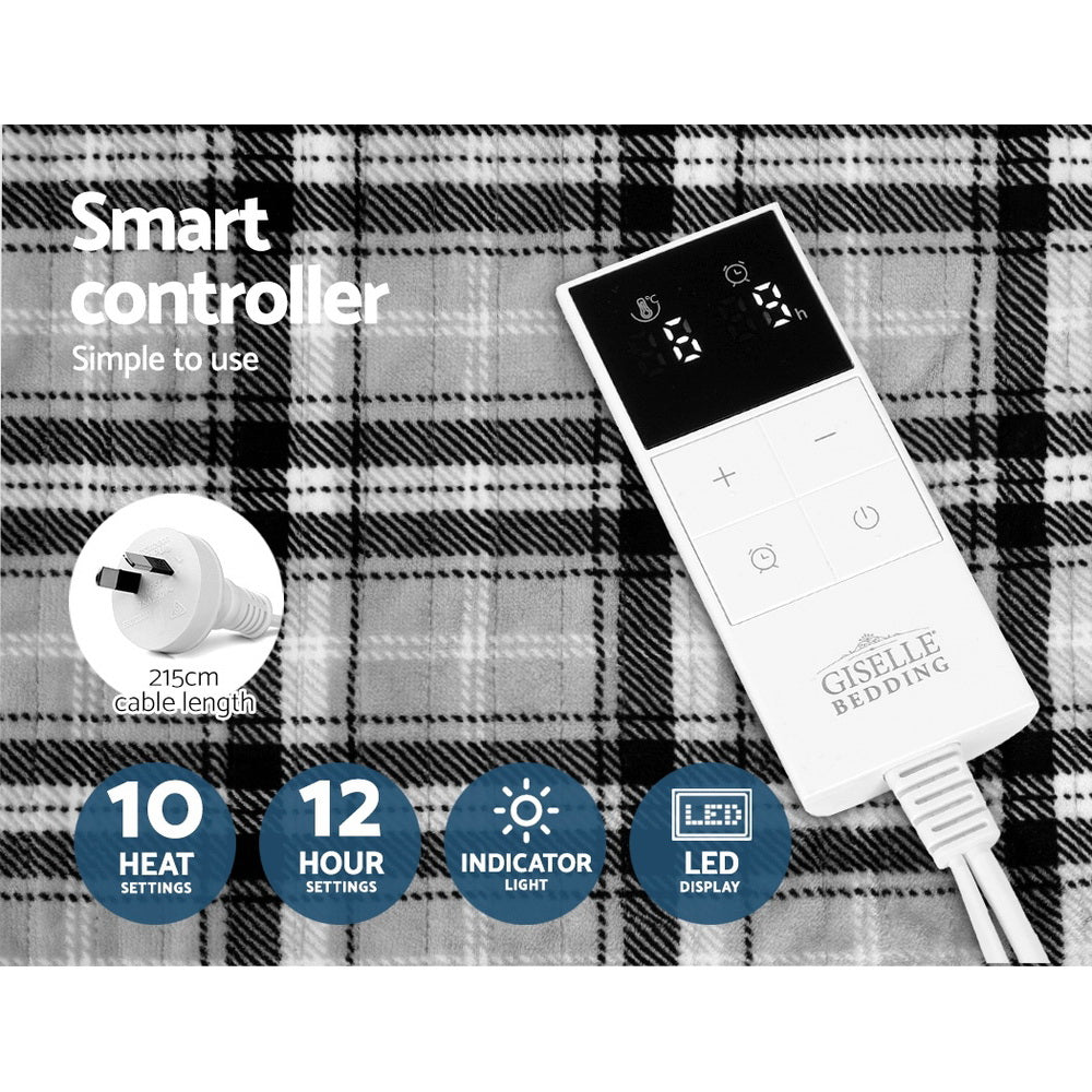 Bedding | Electric Throw Rug | Flannel Snuggle Blanket | Washable | Heated | Grey and White Checkered