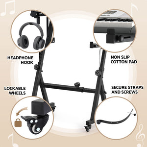 Alpha Piano Stand | Heavy Duty | Adjustable Z-Frame | Lockable Wheels | Black